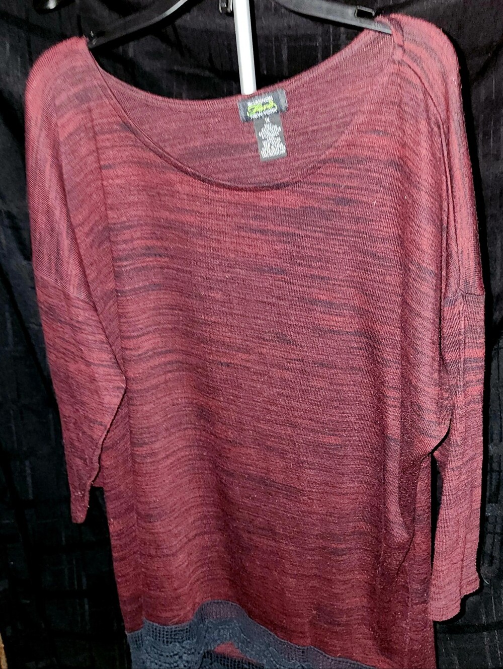 Open Knit Marled Burgundy Sweater Top with Lace Bottom Trim - Size 1X